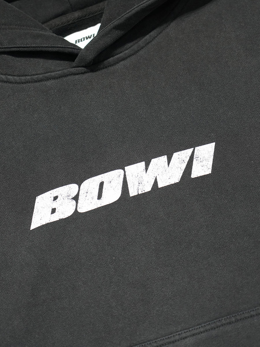 Black hoodie with 'BOWI' printed on it