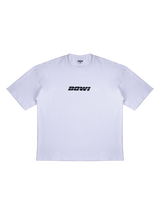 White t-shirt with black logo on a white background