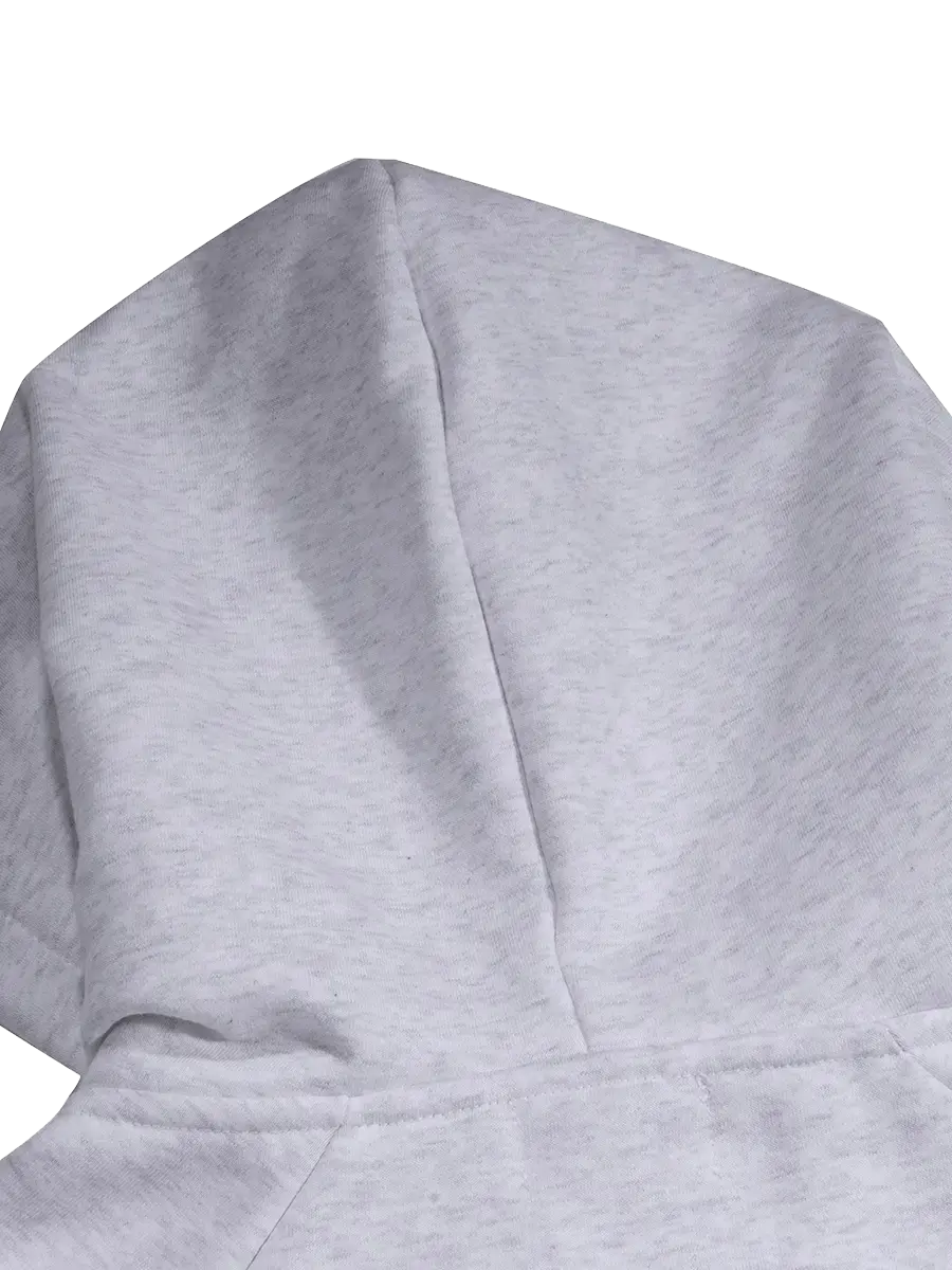 Close-up of a gray hoodie with a hood