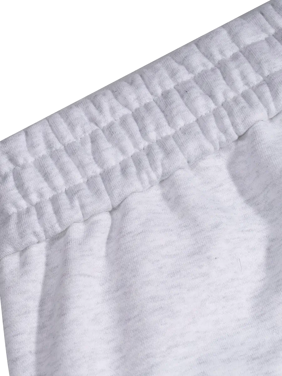 Close-up of gray sweatpants with a elastic waistband on a white background