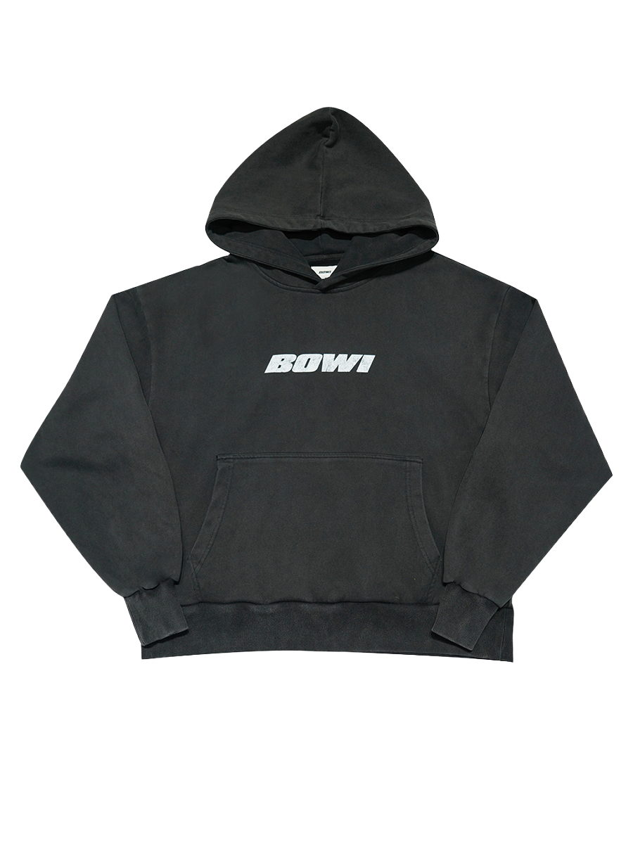 Black hoodie with 'BOWI' logo on a white background