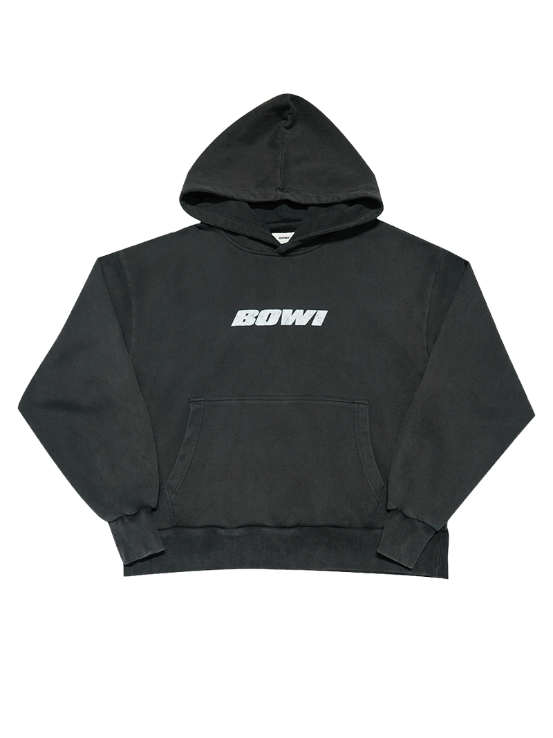 Black hoodie with 'BOWI' logo on a white background