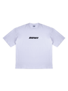 White t-shirt with black logo on a white background
