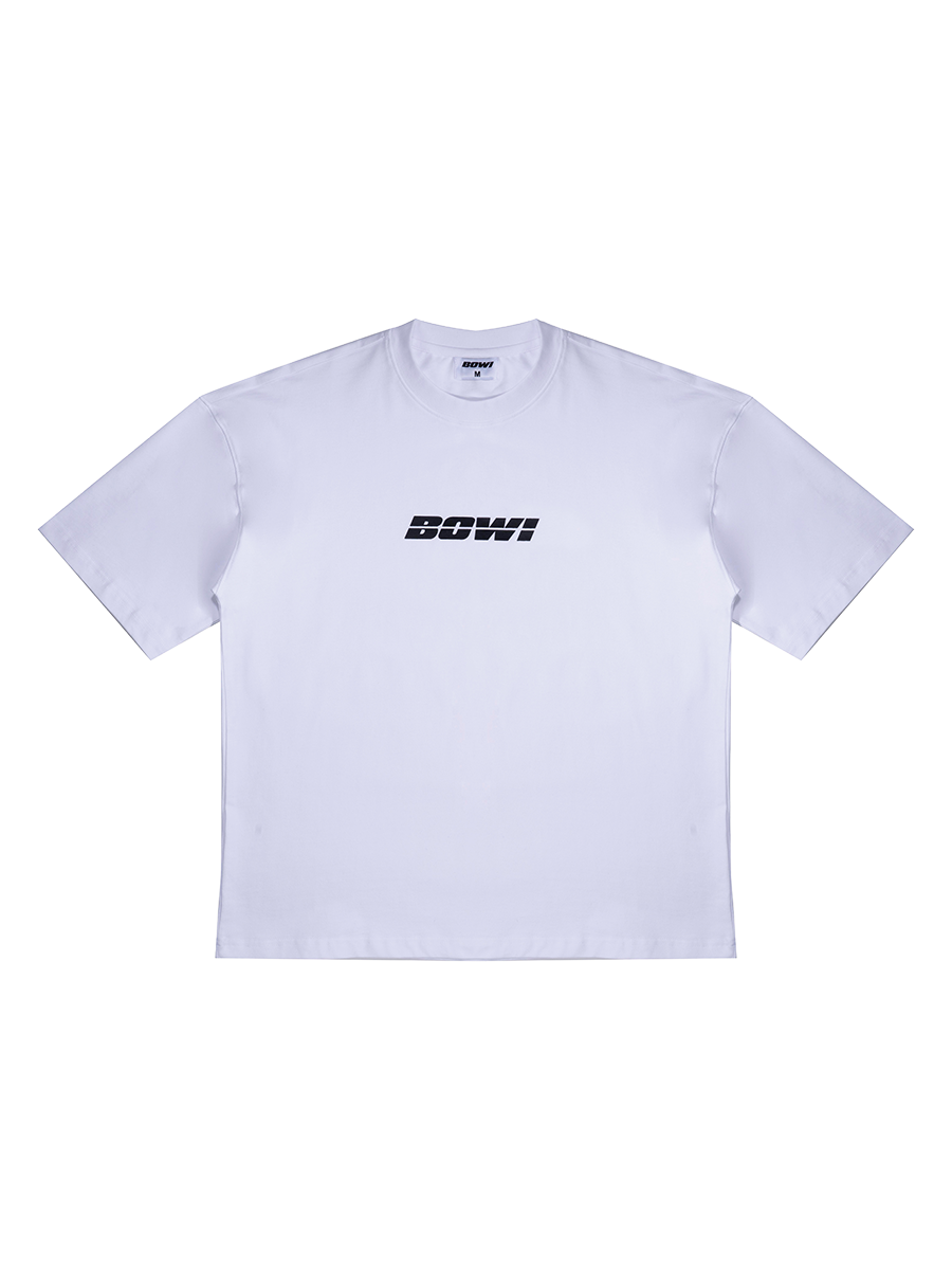 White t-shirt with black logo on a white background