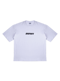 White t-shirt with black logo on a white background