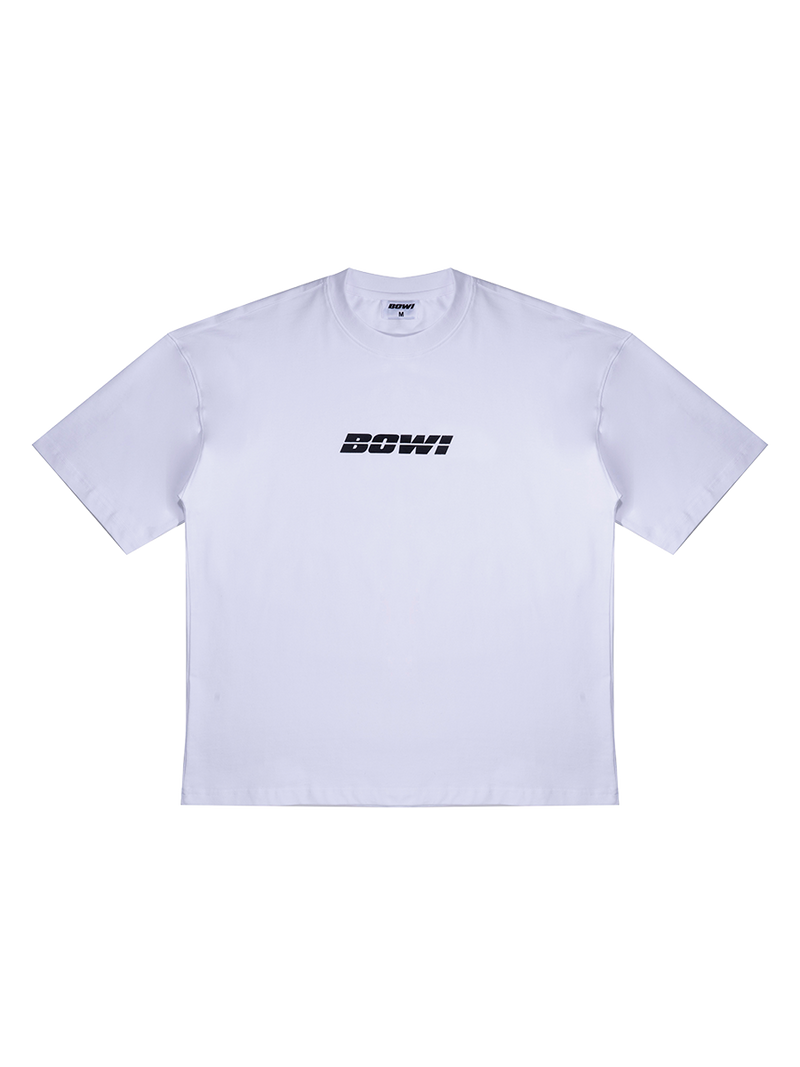 White t-shirt with black logo on a white background