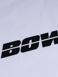 Black 'BOWI' logo on a white shirt