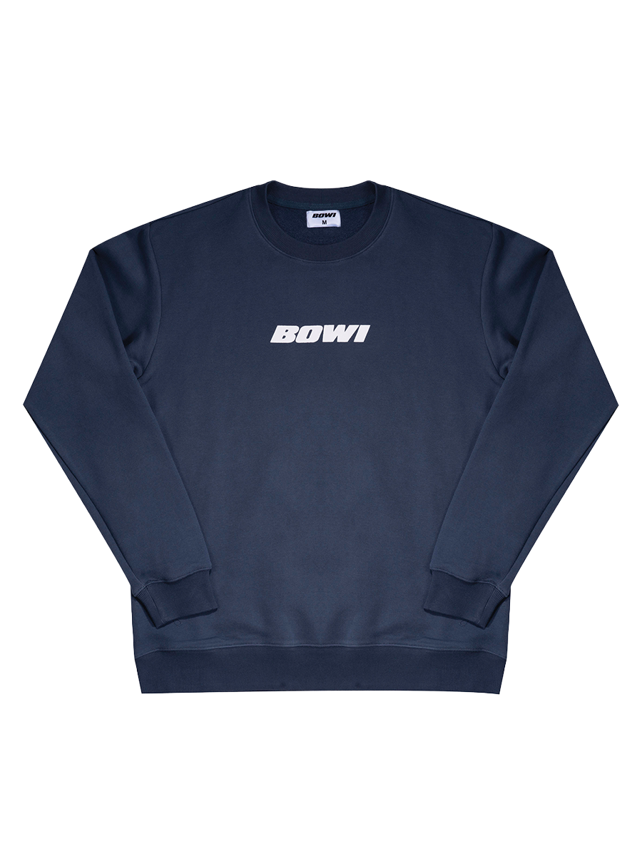 Navy blue sweatshirt with 'BOWI' logo on a white background
