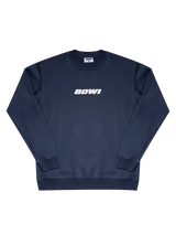 Navy blue sweatshirt with 'BOWI' logo on a white background