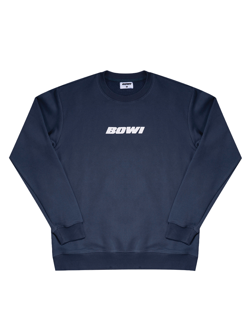 Navy blue sweatshirt with 'BOWI' logo on a white background