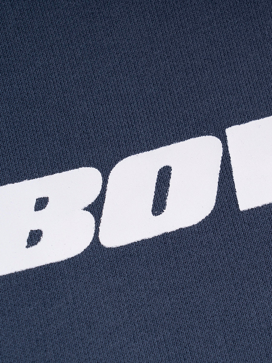 Navy blue crewneck with large white 'BOWI' logo 