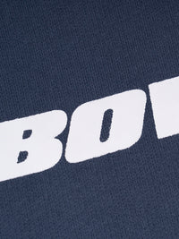 Navy blue crewneck with large white 'BOWI' logo 