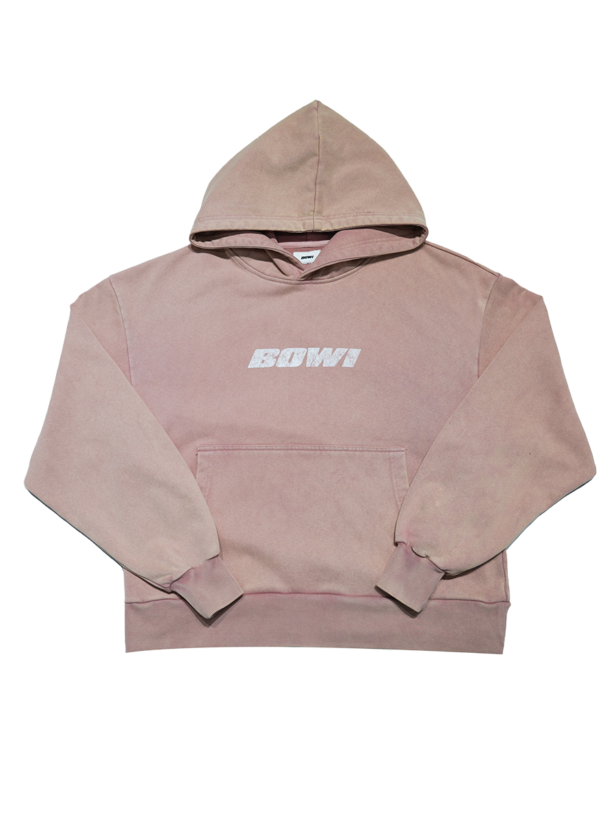 Pink hoodie with 'BOWI' text on a white background