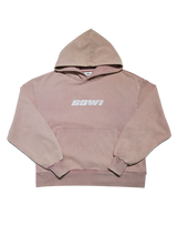 Pink hoodie with 'BOWI' text on a white background
