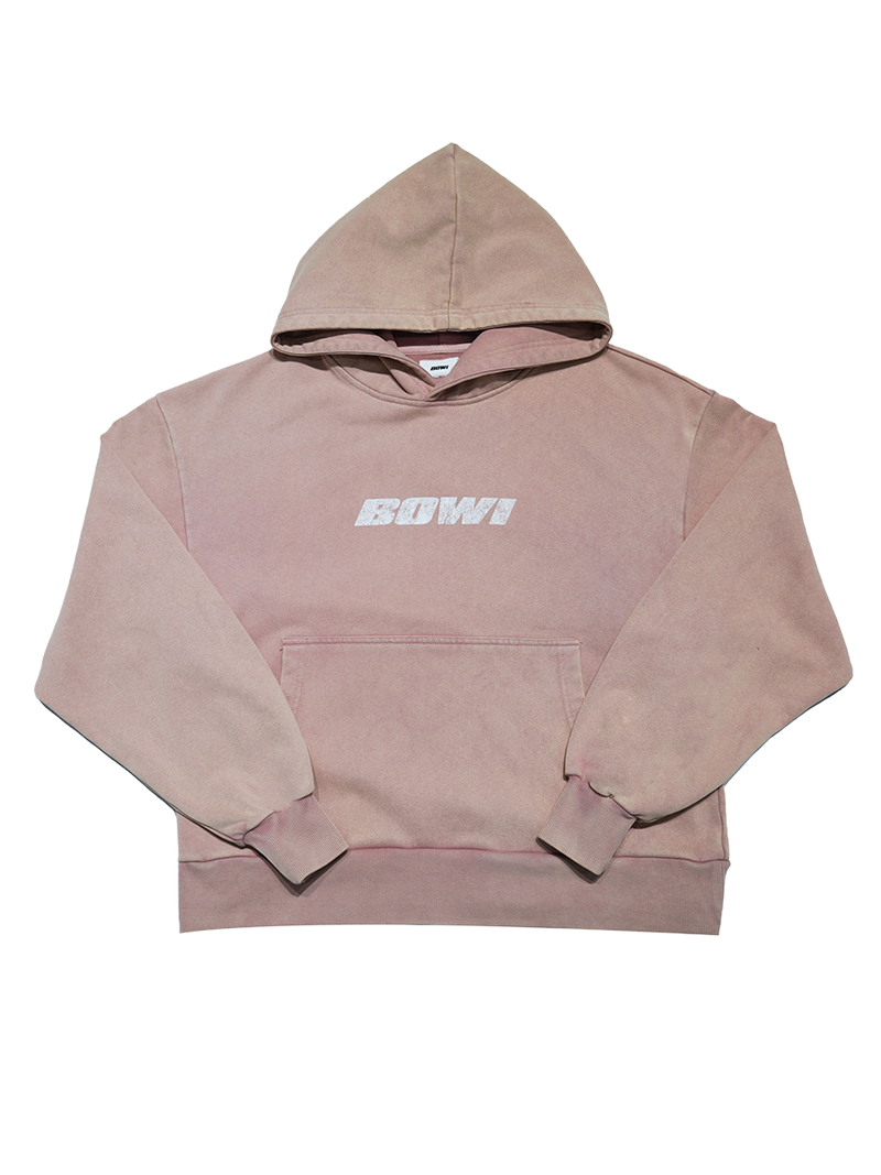 Pink hoodie with 'BOWI' text on a white background
