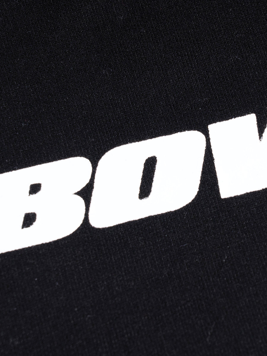 Black crewneck with white 'BOWI' text on a black background