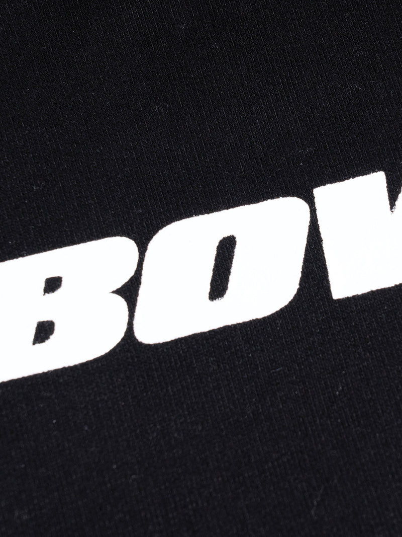 Black crewneck with white 'BOWI' text on a black background