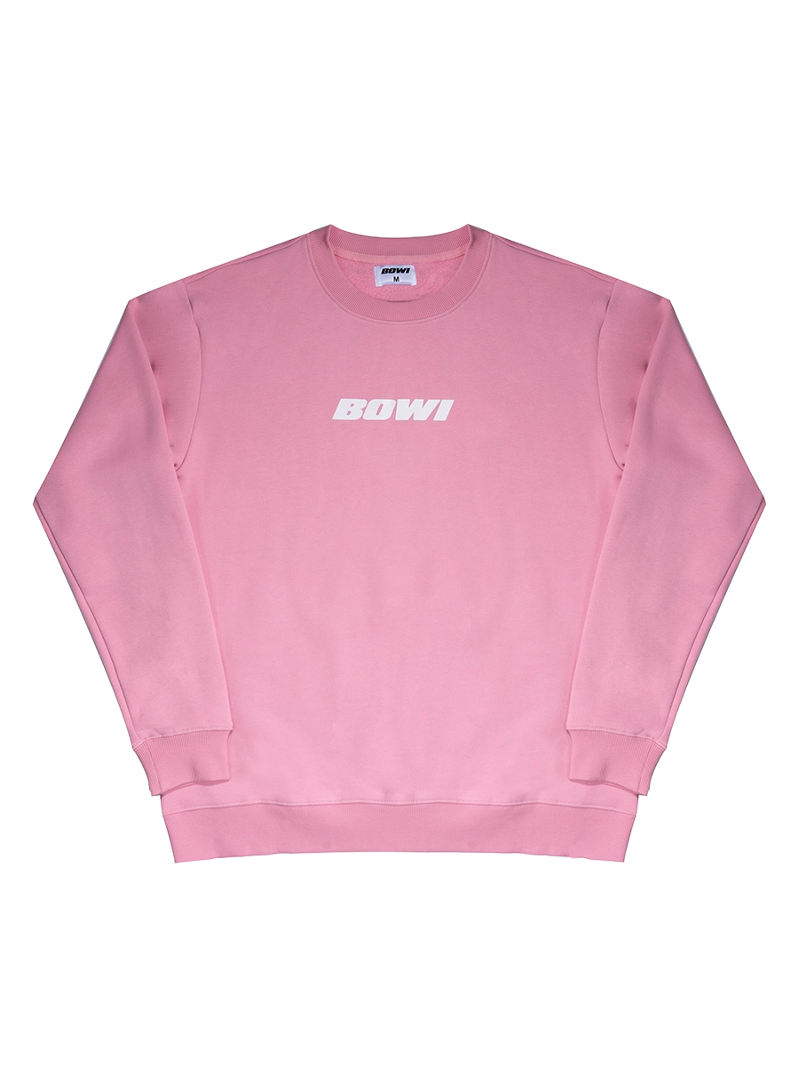 Pink sweatshirt with 'BOWI' branding on a white background