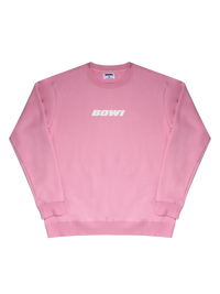 Pink sweatshirt with 'BOWI' branding on a white background
