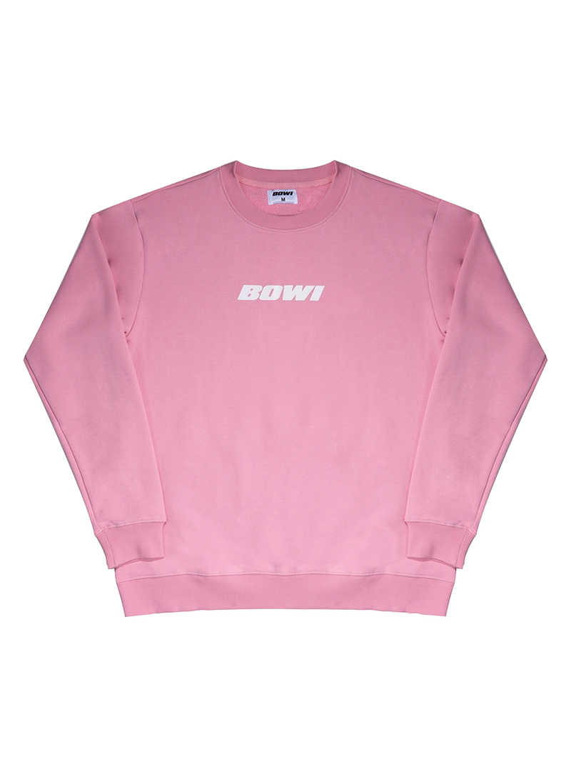 Pink sweatshirt with 'BOWI' branding on a white background
