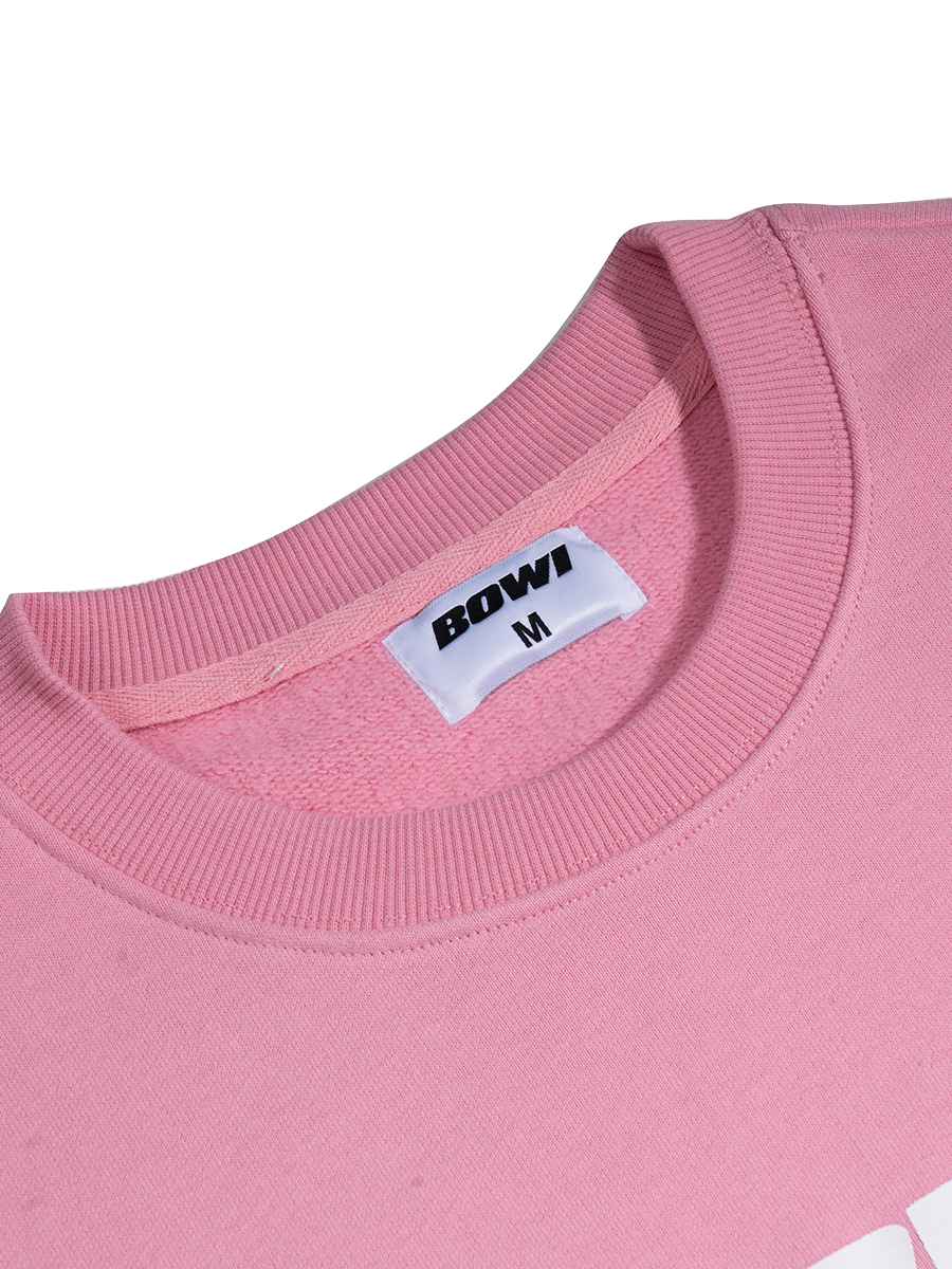 Close-up of a pink sweatshirt with a label on a white background