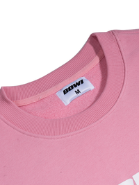 Close-up of a pink sweatshirt with a label on a white background