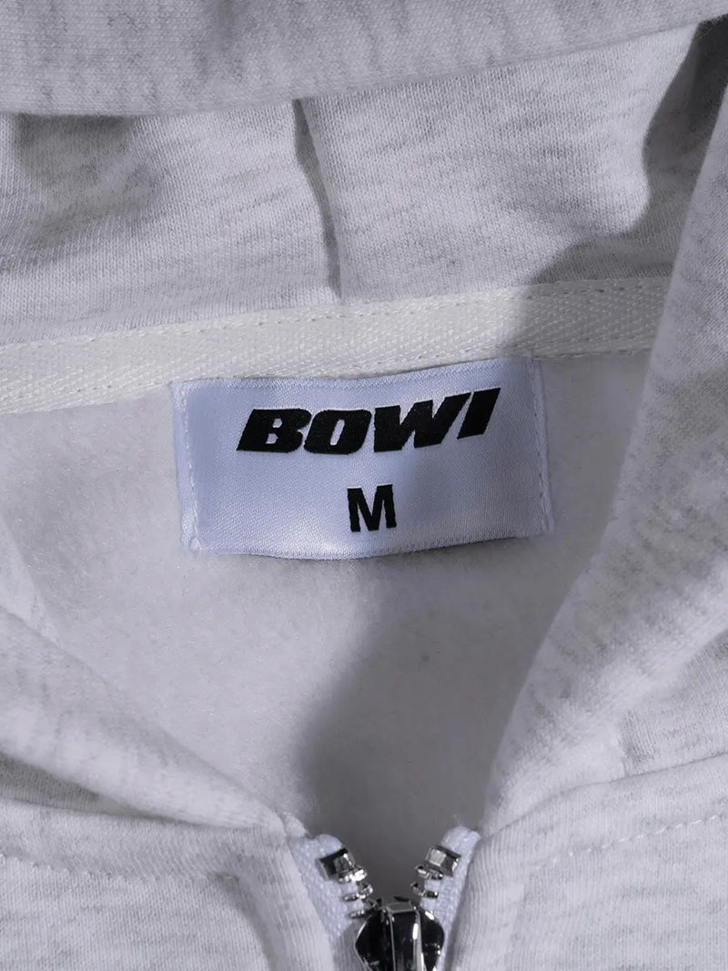 Gray hoodie with a 'BOWI' label on a white background