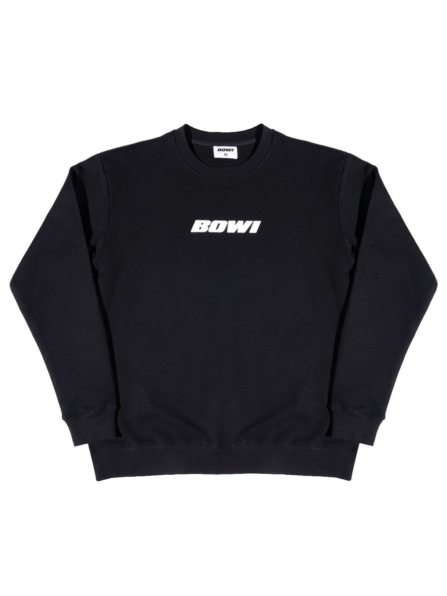 Black sweatshirt with 'BOWI' text on a white background