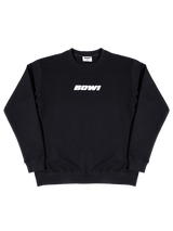 Black sweatshirt with 'BOWI' text on a white background