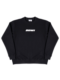 Black sweatshirt with 'BOWI' text on a white background