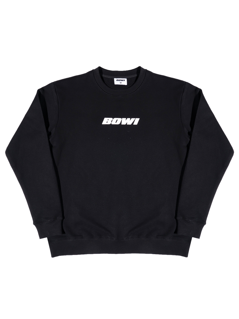 Black sweatshirt with 'BOWI' text on a white background